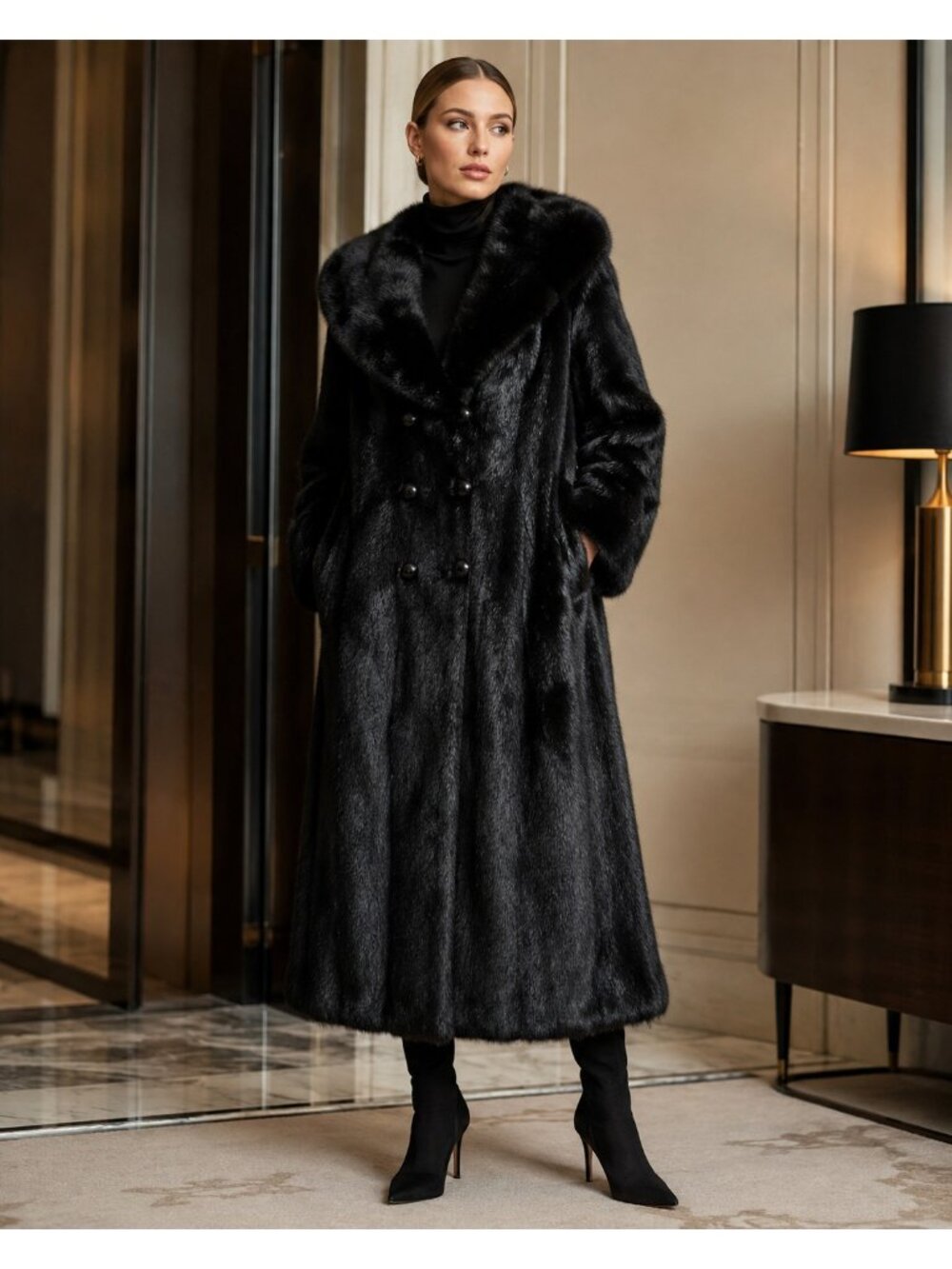 Vintage Black Genuine Mink Fur Full Length Double Breasted Coat Size L/XL